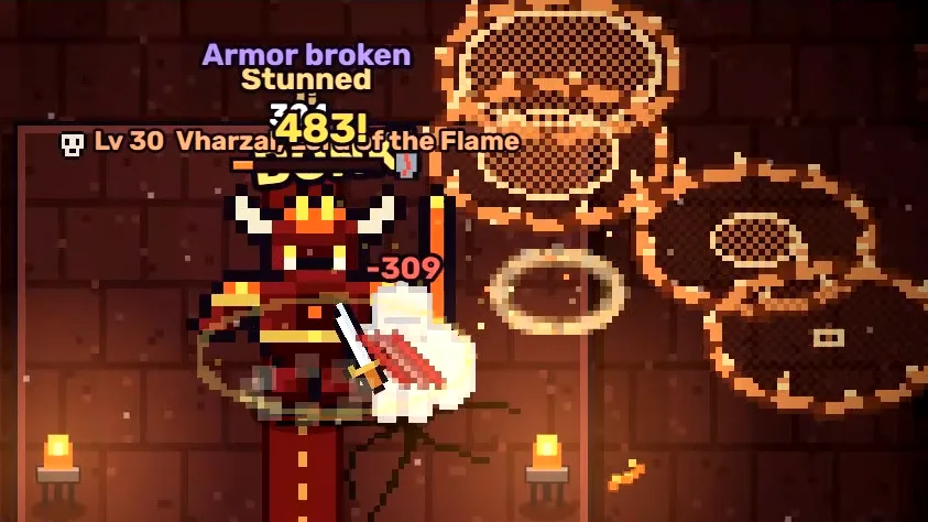 A horned demon boss surrounded by rings of fire