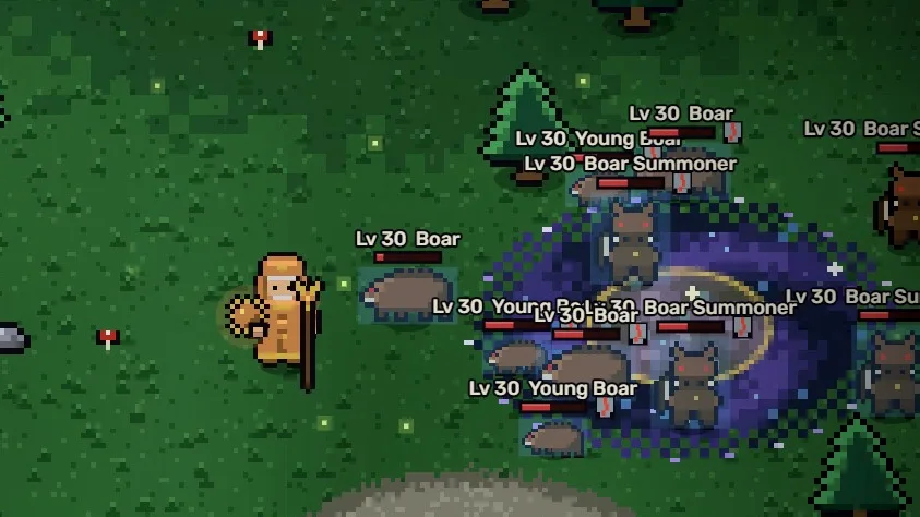 A mage casting a spell on a pack of boars in a forest